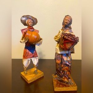 Mexican Folk Art Paper Mache Woman Holding Basket of Peas, Man Holding Clay Pot